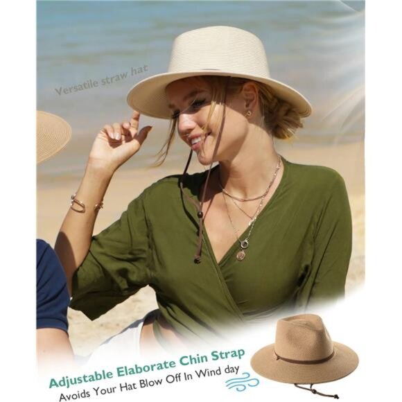 Womens Summer Straw Sun Hats Wide Brim Panama Fedora Beach Hat with Wind Lanyard - Picture 6 of 7